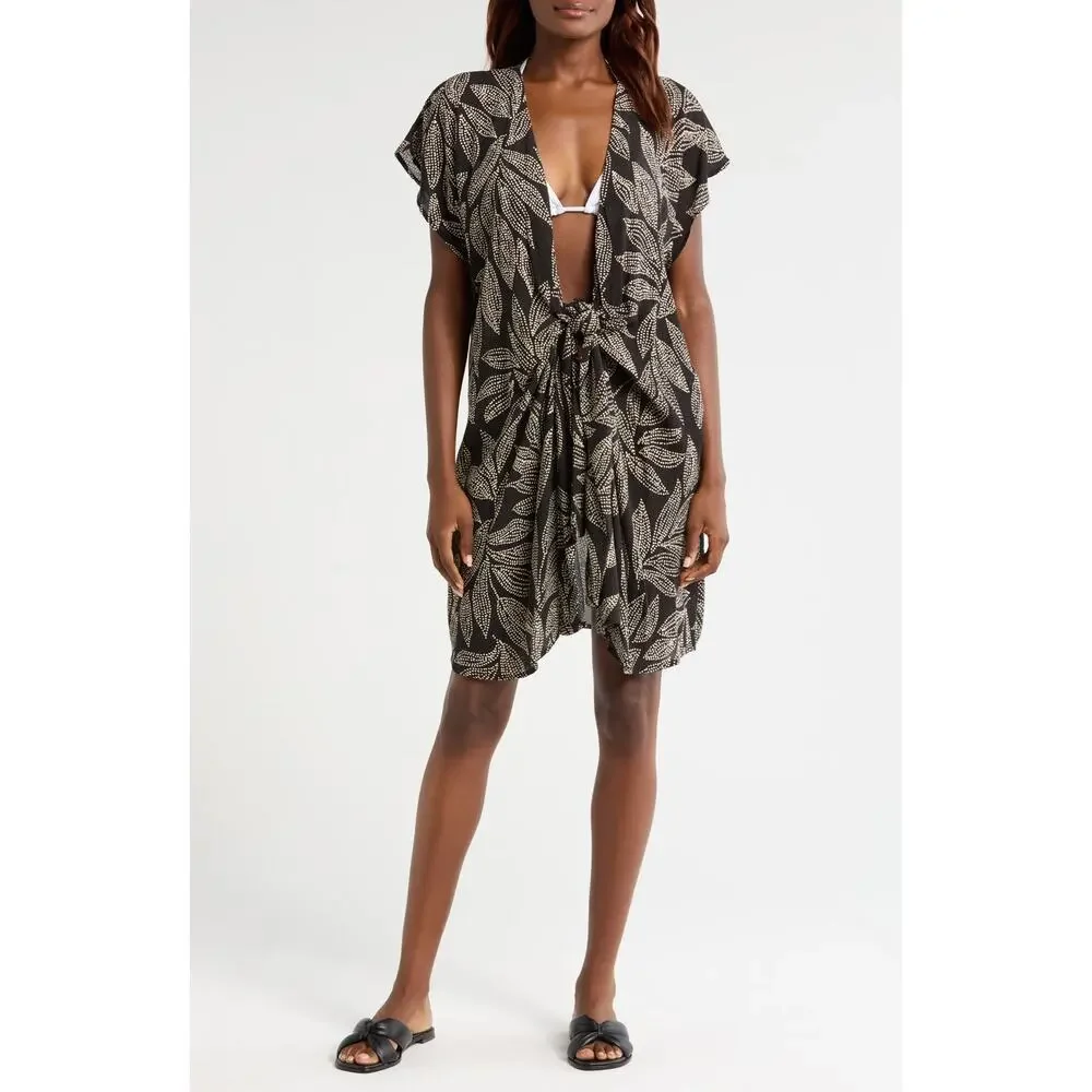 Elan Black + Cream Leaf Print Short Sleeve Tie Front Swimsuit Coverup Medium